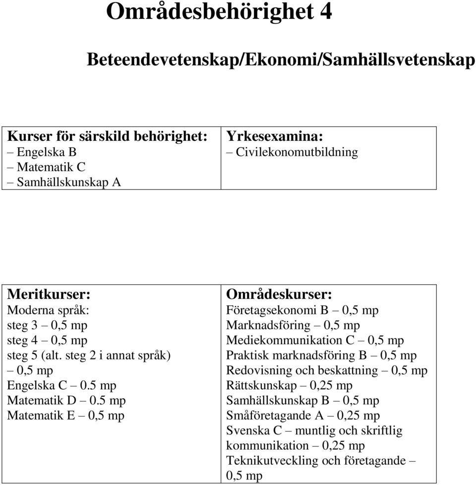 5 Matematik E 0,5 Företagsekonomi B 0,5 Marknadsföring 0,5 Mediekommunikation C 0,5 Praktisk