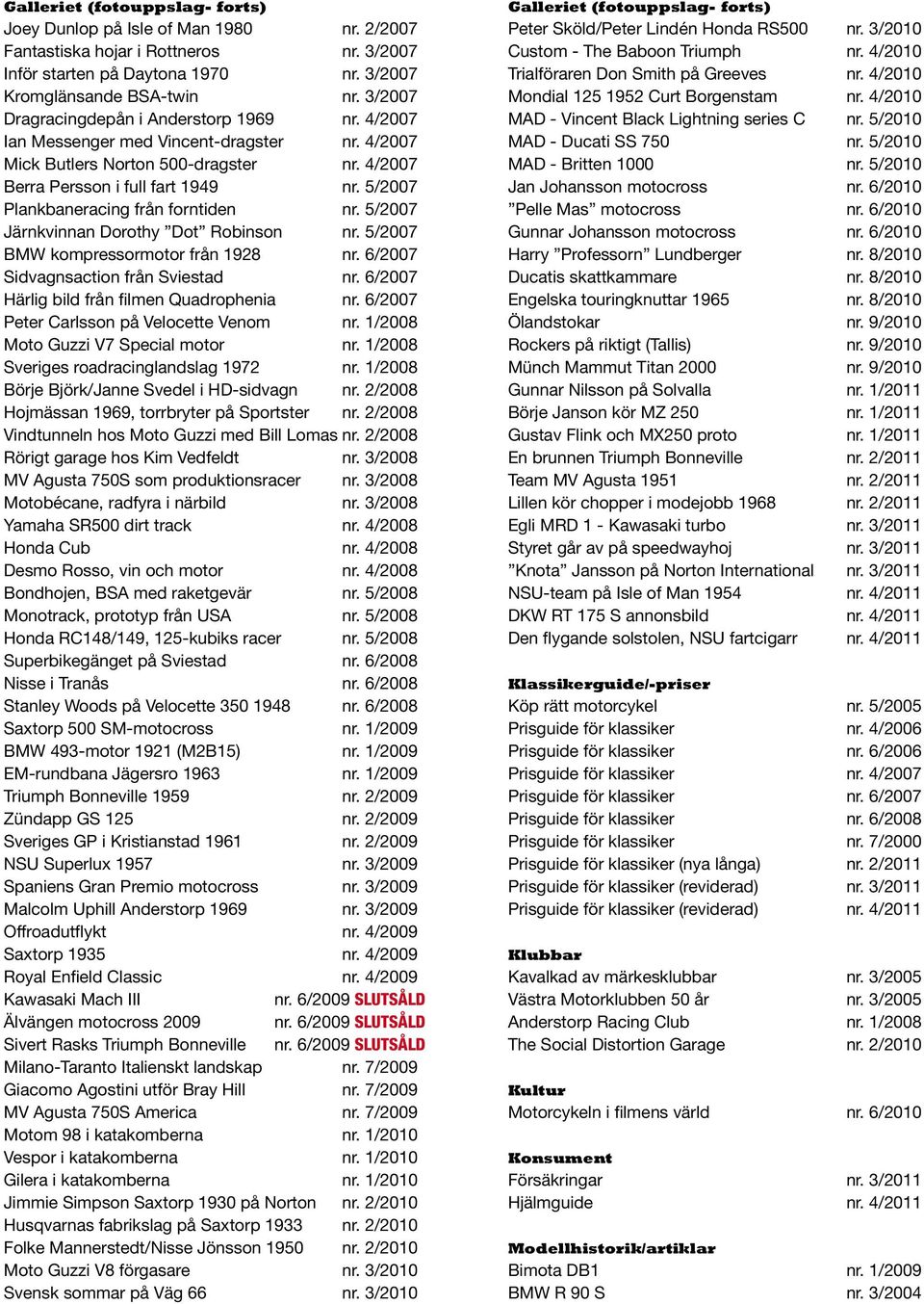 5/2007 Plankbaneracing från forntiden nr. 5/2007 Järnkvinnan Dorothy Dot Robinson nr. 5/2007 BMW kompressormotor från 1928 nr. 6/2007 Sidvagnsaction från Sviestad nr.