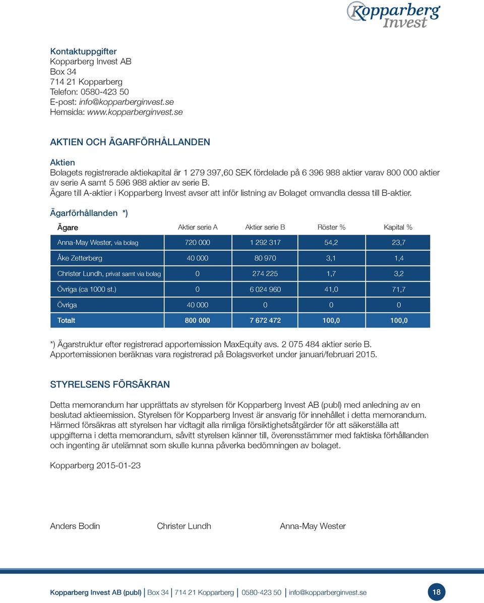 se AKTIEN OCH ÄGARFÖRHÅLLANDEN Aktien Bolagets registrerade aktiekapital är 1 279 397,60 SEK fördelade på 6 396 988 aktier varav 800 000 aktier av serie A samt 5 596 988 aktier av serie B.