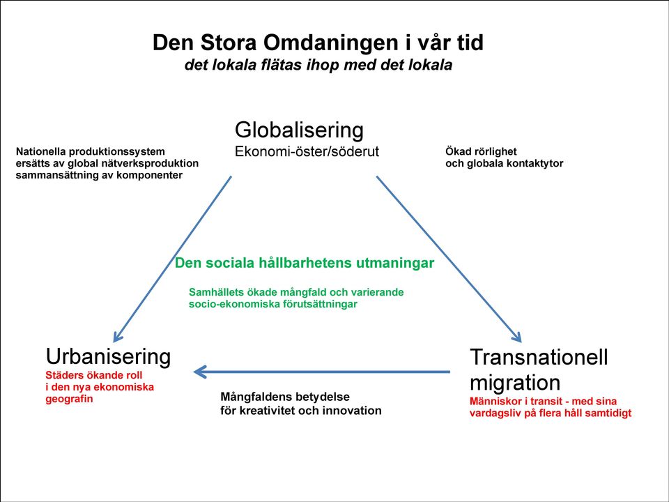 utmaningar Samhällets ökade mångfald och varierande socio-ekonomiska förutsättningar Urbanisering Städers ökande roll i den nya ekonomiska