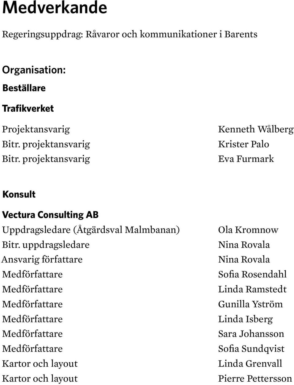 uppdragsledare Ansvarig författare Medförfattare Medförfattare Medförfattare Medförfattare Medförfattare Medförfattare Kartor och layout Kartor och