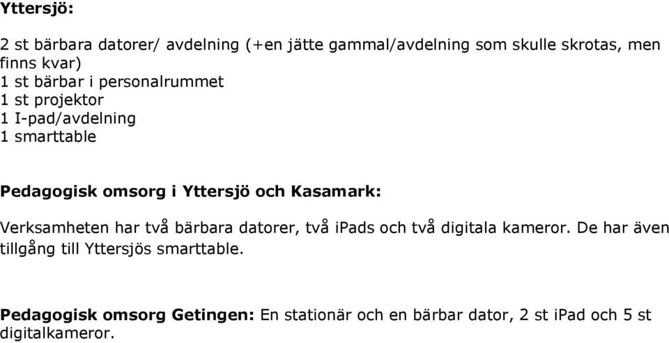 Kasamark: Verksamheten har två bärbara datorer, två ipads och två digitala kameror.