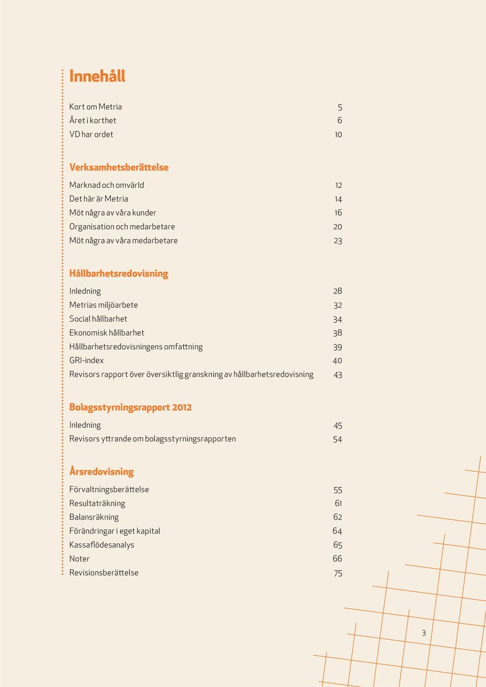 Hållbarhetsredovisningens omfattning 39 GRI-index 40 Revisors rapport över översiktlig granskning av hållbarhetsredovisning 43 Bolagsstyrningsrapport 2012 Inledning 45