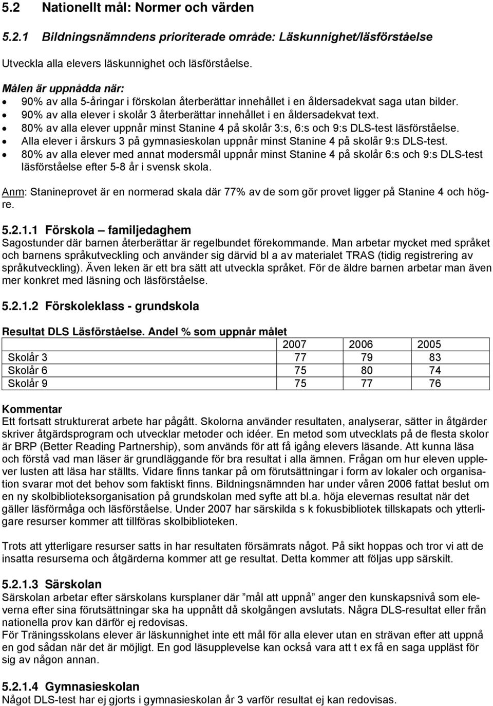 80% av alla elever uppnår minst Stanine 4 på skolår 3:s, 6:s och 9:s DLS-test läsförståelse. Alla elever i årskurs 3 på gymnasieskolan uppnår minst Stanine 4 på skolår 9:s DLS-test.