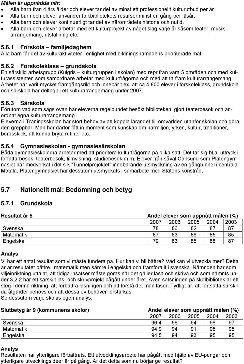 5.6.1 Förskola familjedaghem Alla barn får del av kulturaktiviteter i enlighet med bildningsnämndens prioriterade mål. 5.6.2 Förskoleklass grundskola En särskild arbetsgrupp (Kulgris kulturgruppen i