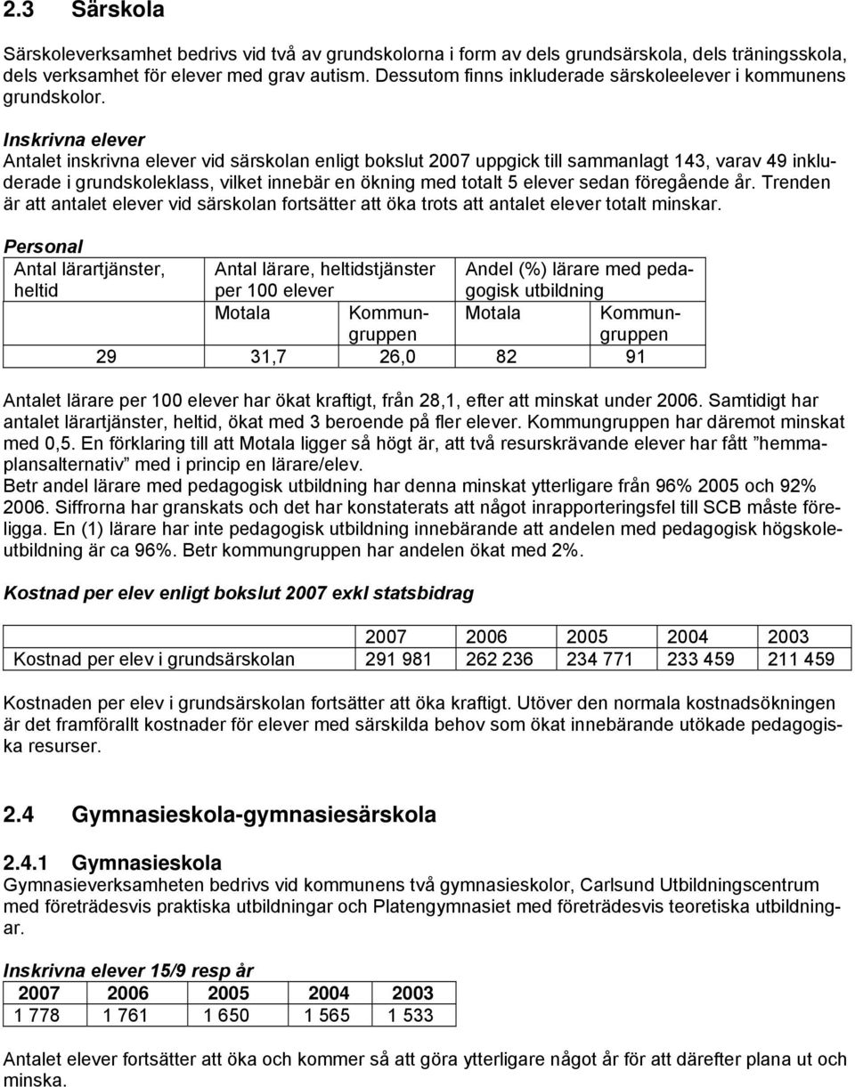 Inskrivna elever Antalet inskrivna elever vid särskolan enligt bokslut 2007 uppgick till sammanlagt 143, varav 49 inkluderade i grundskoleklass, vilket innebär en ökning med totalt 5 elever sedan