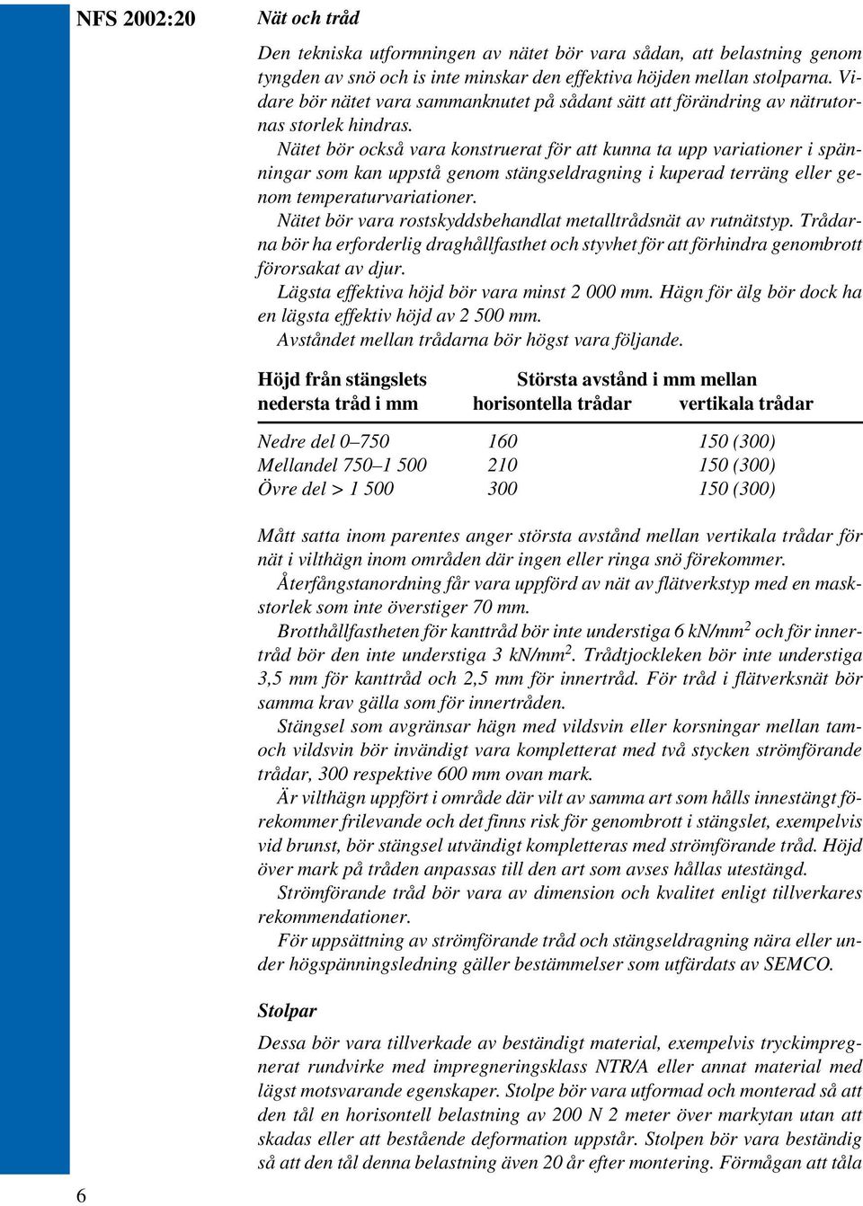 Nätet bör också vara konstruerat för att kunna ta upp variationer i spänningar som kan uppstå genom stängseldragning i kuperad terräng eller genom temperaturvariationer.