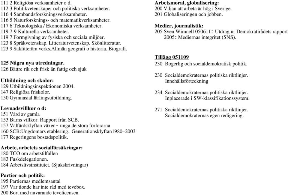 123 9 Saklitterära verks.allmän geografi o historia. Biografi. 125 Några nya utredningar. 126 Bättre rik och frisk än fattig och sjuk Utbildning och skolor: 129 Utbildningsinspektionen 2004.