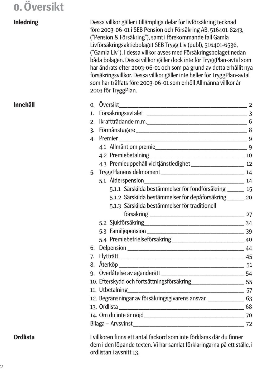 Dessa villkor gäller dock inte för TryggPlan-avtal som har ändrats efter 2003-06-01 och som på grund av detta erhållit nya försäkringsvillkor.