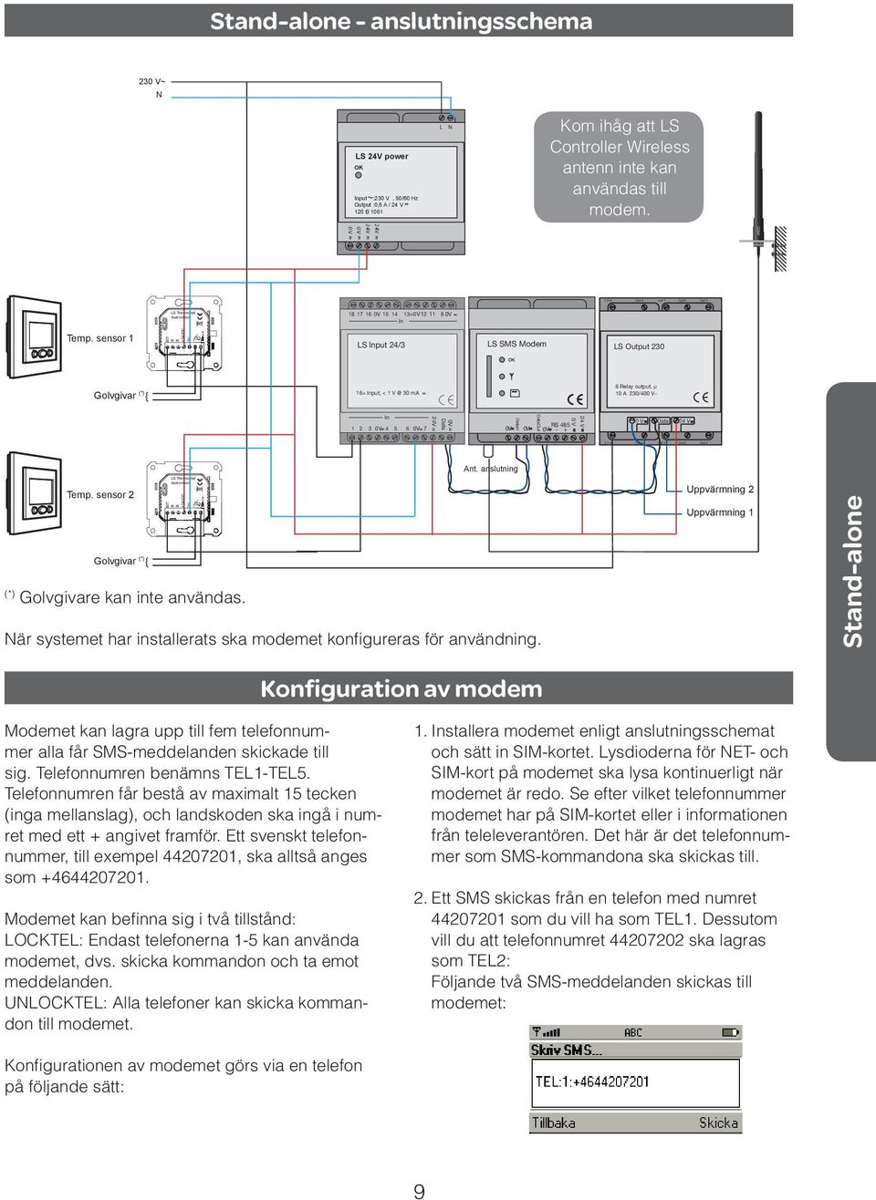 sensor 1 BIT +24VDC 0V SENSOR LS Input 24/3 LS SMS Modem LS Output 230 Golvgivar (*) { 16 = Input, < 1 V @ 30 ma 8 Relay output, µ 10 A 230/400 V~ In 1 2 3 0V 4 5 6 0V 7 0V Data 24V 0V DataIn 0V