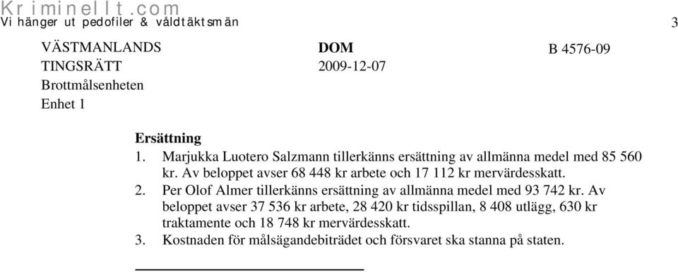 Per Olof Almer tillerkänns ersättning av allmänna medel med 93 742 kr.