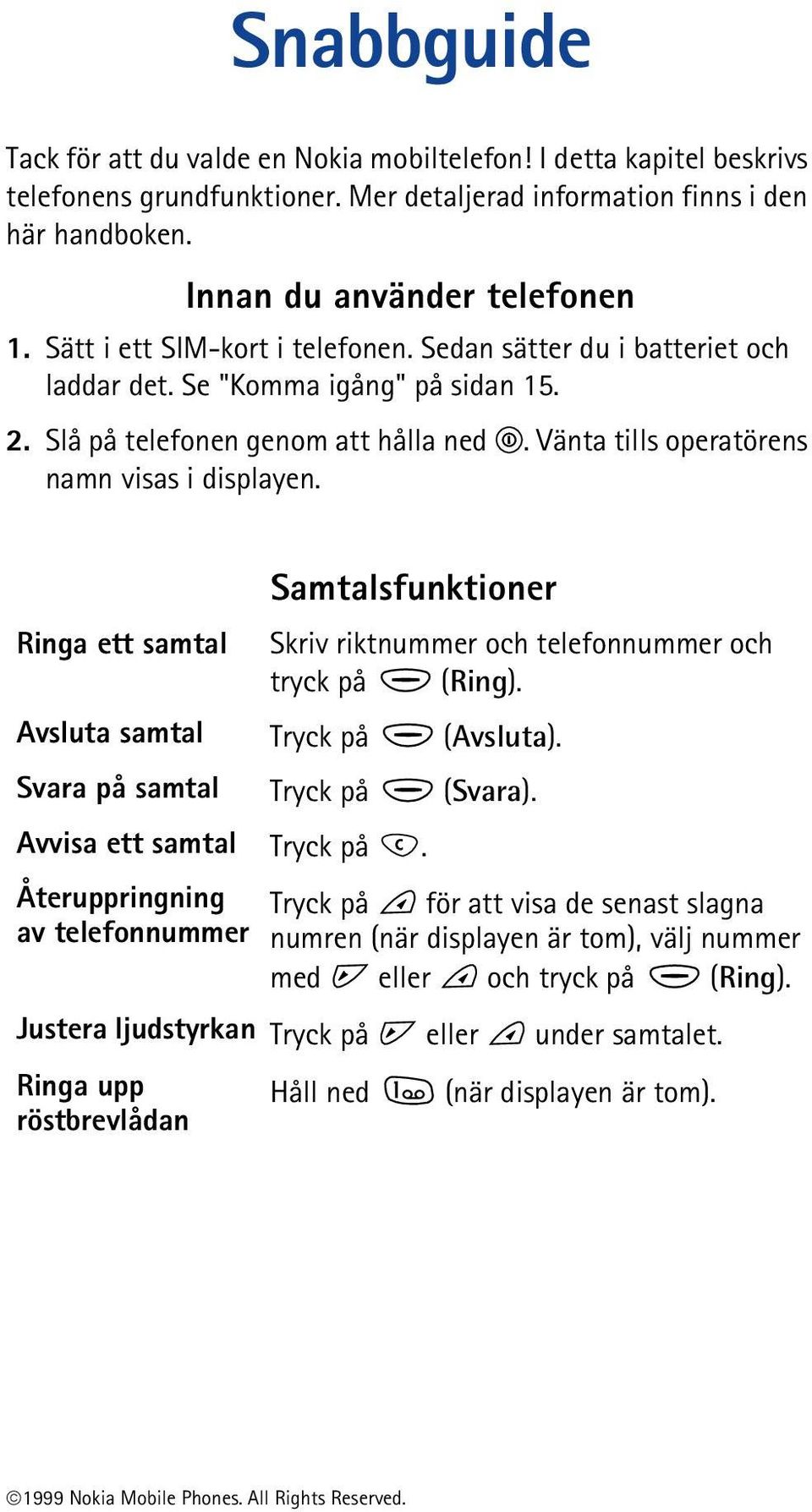 Samtalsfunktioner Ringa ett samtal Skriv riktnummer och telefonnummer och tryck på (Ring). Avsluta samtal Tryck på (Avsluta). Svara på samtal Tryck på (Svara). Avvisa ett samtal Tryck på.