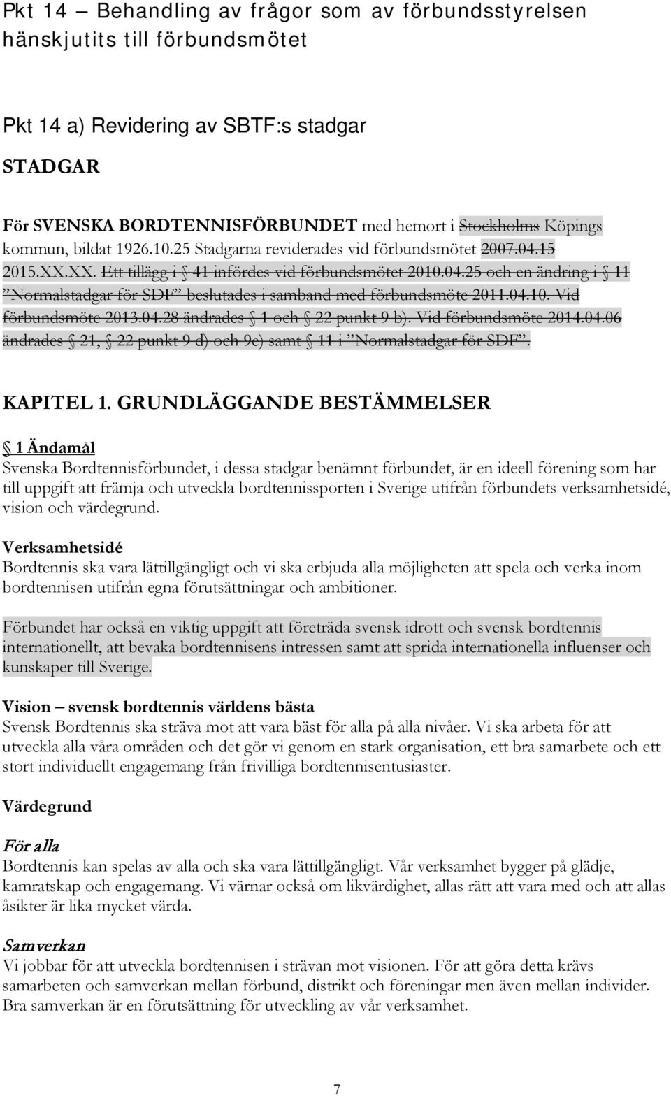 04.10. Vid förbundsmöte 2013.04.28 ändrades 1 och 22 punkt 9 b). Vid förbundsmöte 2014.04.06 ändrades 21, 22 punkt 9 d) och 9e) samt 11 i Normalstadgar för SDF. KAPITEL 1.