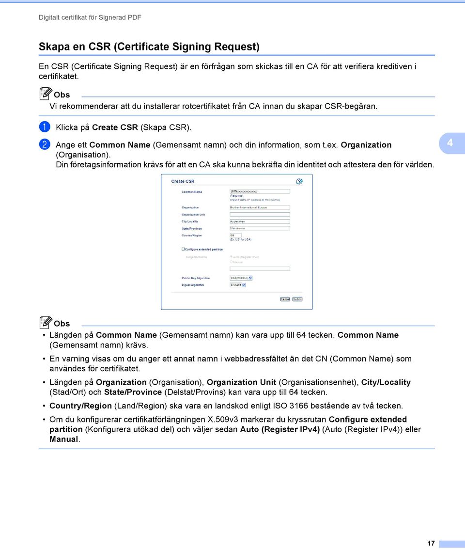 b Ange ett Common Name (Gemensamt namn) och din information, som t.ex. Organization (Organisation).