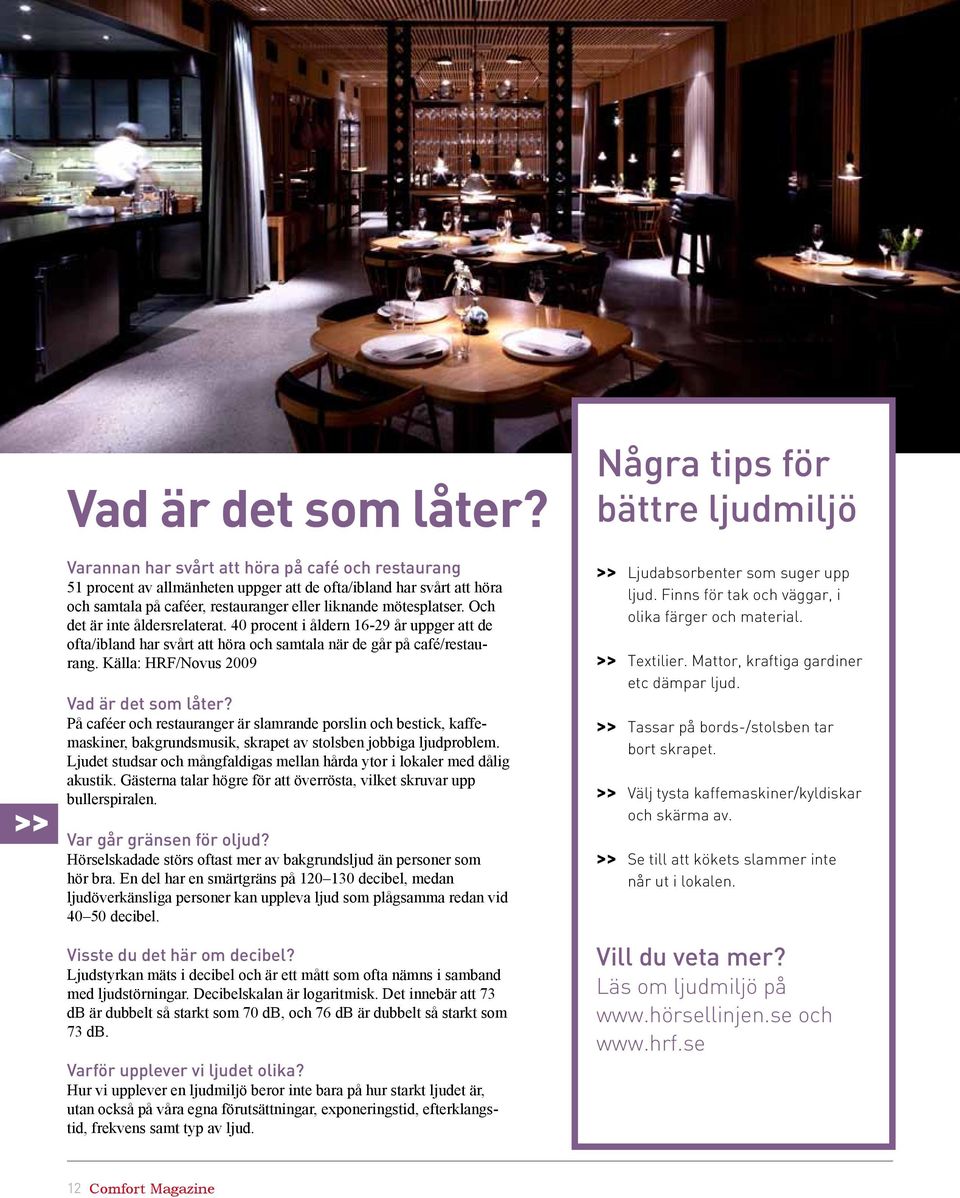 Och det är inte åldersrelaterat. 40 procent i åldern 16-29 år uppger att de ofta/ibland har svårt att höra och samtala när de går på café/restaurang. Källa: HRF/Novus 2009 Vad är det som låter?