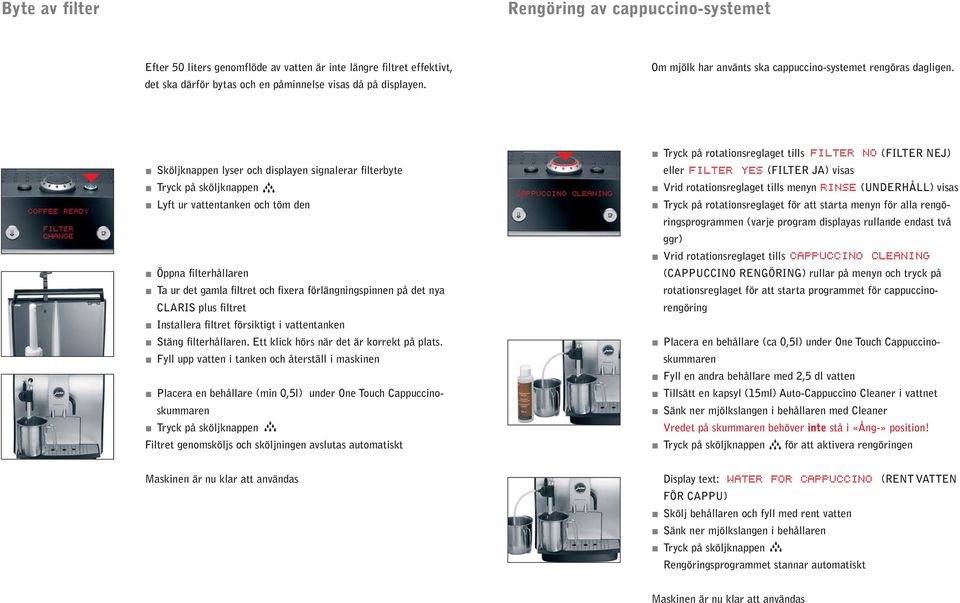 Sköljknappen lyser och displayen signalerar filterbyte Lyft ur vattentanken och töm den Öppna filterhållaren Ta ur det gamla filtret och fixera förlängningspinnen på det nya CLARIS plus filtret