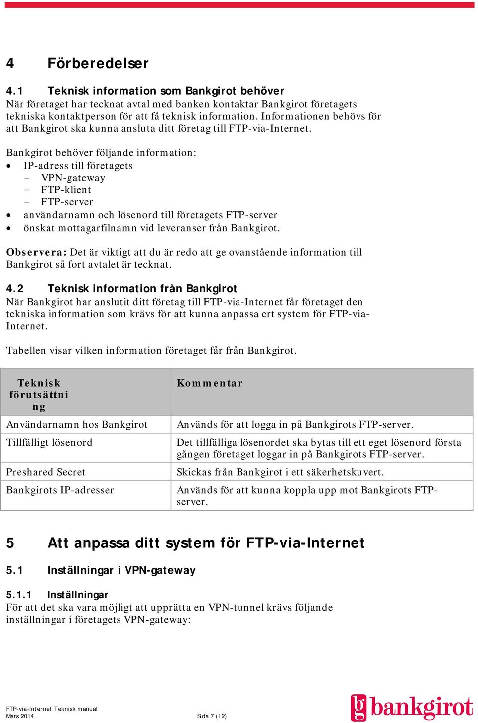 Bankgirot behöver följande information: IP-adress till företagets - VPN-gateway - FTP-klient - FTP-server användarnamn och lösenord till företagets FTP-server önskat mottagarfilnamn vid leveranser