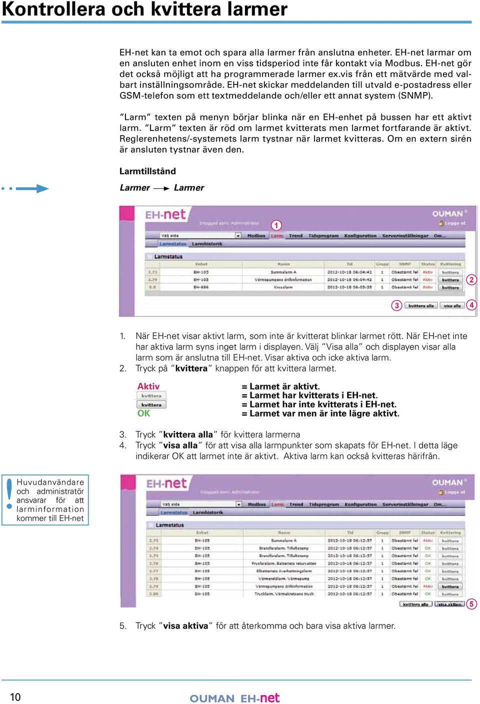 EH-net skickar meddelanden till utvald e-postadress eller GSM-telefon som ett textmeddelande och/eller ett annat system (SNMP).