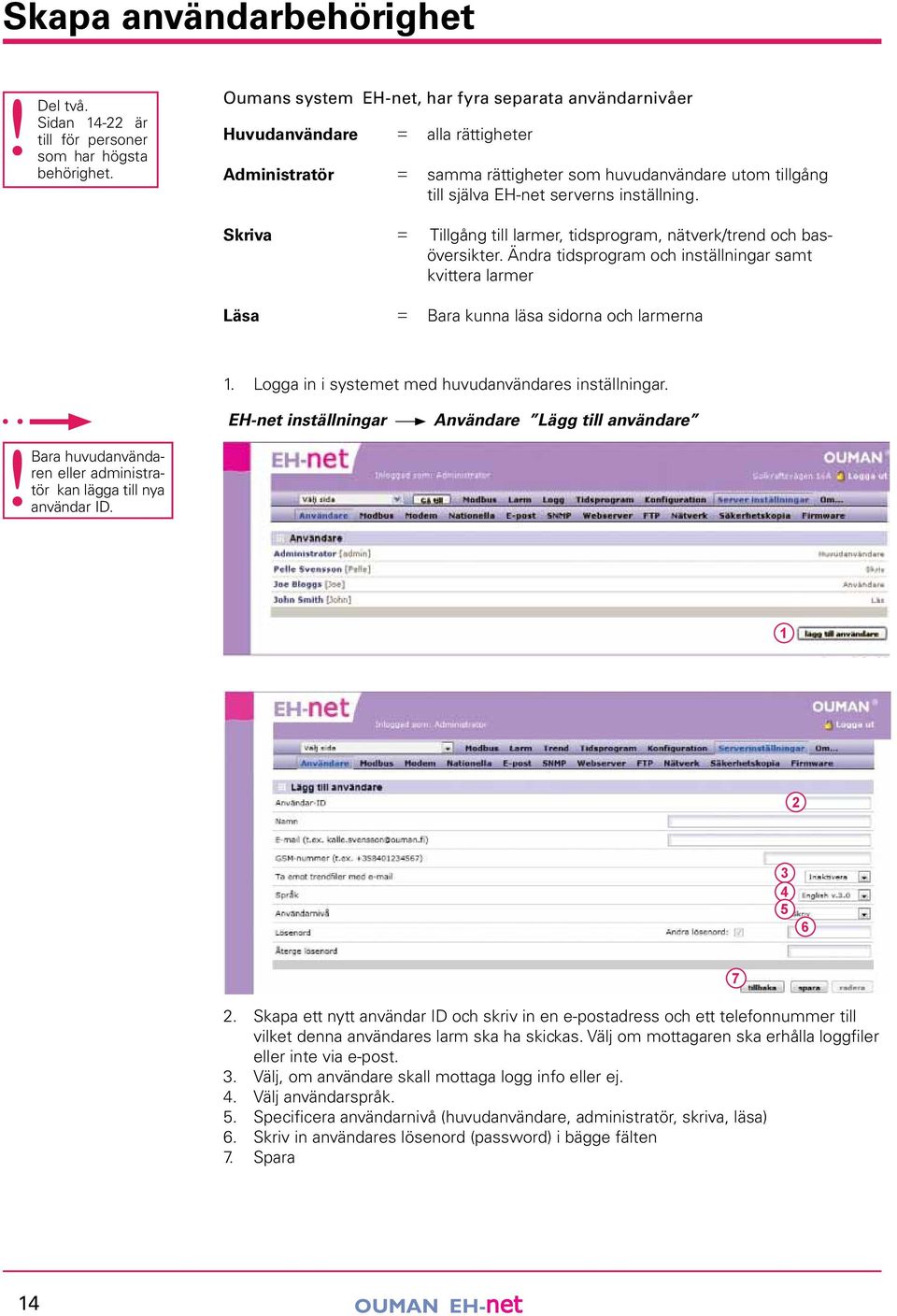 Skriva Läsa = = Tillgång till larmer, tidsprogram, nätverk/trend och basöversikter. Ändra tidsprogram och inställningar samt kvittera larmer = = Bara kunna läsa sidorna och larmerna.