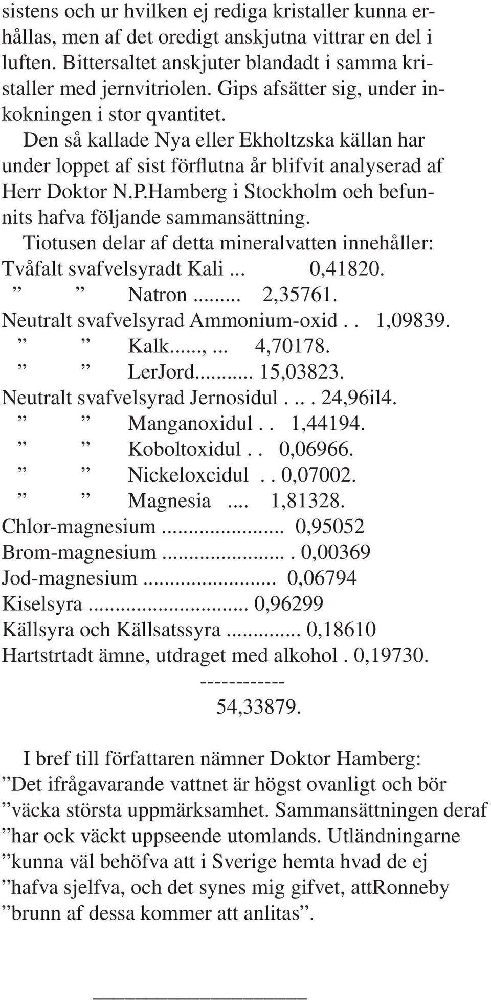 Hamberg i Stockholm oeh befunnits hafva följande sammansättning. Tiotusen delar af detta mineralvatten innehåller: Tvåfalt svafvelsyradt Kali... 0,41820. Natron... 2,35761.