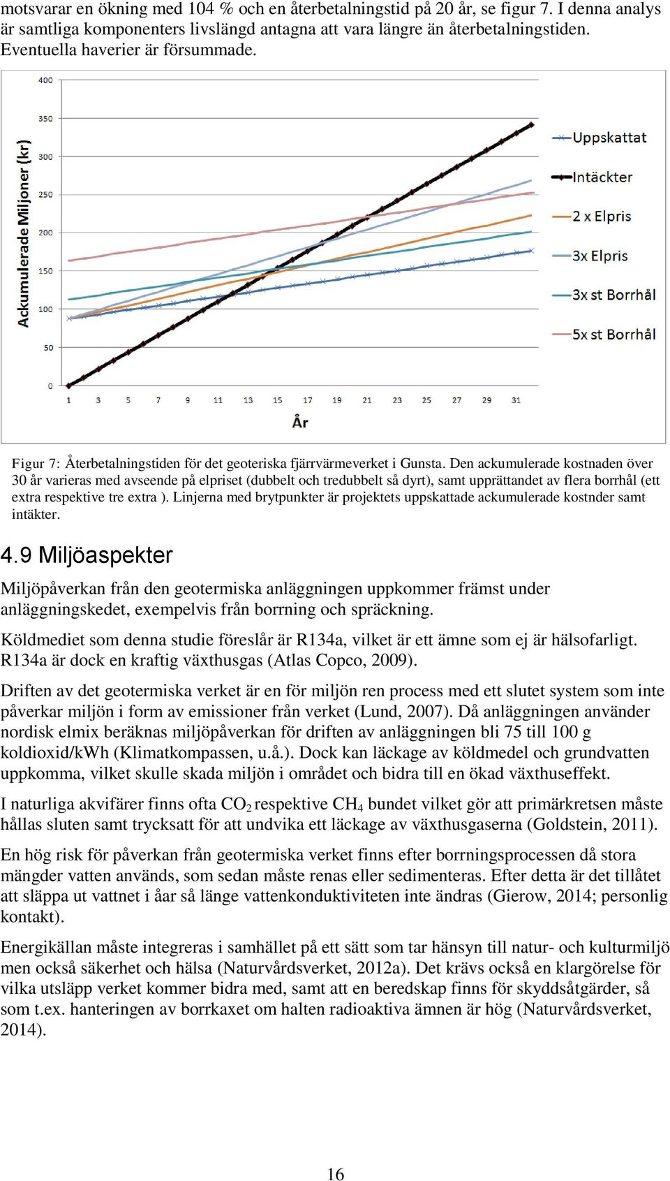 Den ackumulerade kostnaden över 30 år varieras med avseende på elpriset (dubbelt och tredubbelt så dyrt), samt upprättandet av flera borrhål (ett extra respektive tre extra ).