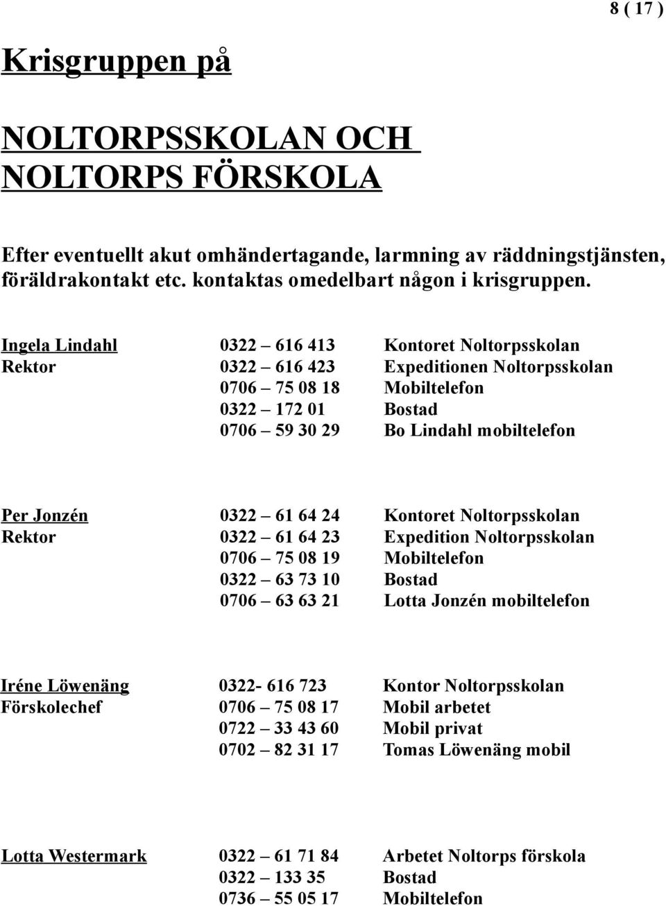 61 64 24 Kontoret Noltorpsskolan Rektor 0322 61 64 23 Expedition Noltorpsskolan 0706 75 08 19 Mobiltelefon 0322 63 73 10 Bostad 0706 63 63 21 Lotta Jonzén mobiltelefon Iréne Löwenäng 0322-616 723