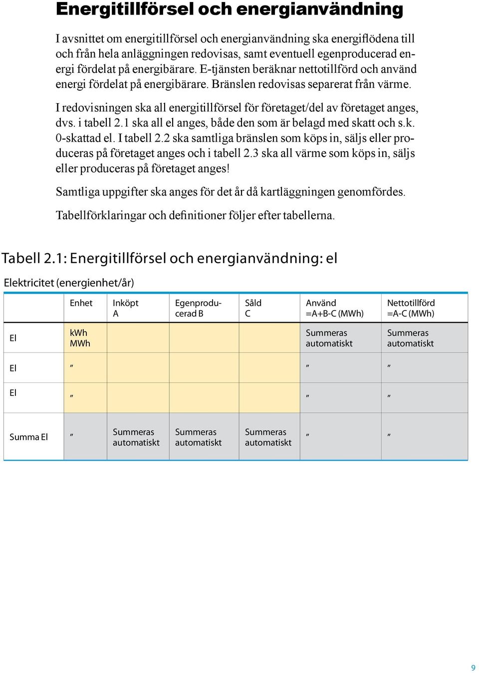 I redovisningen ska all energitillförsel för företaget/del av företaget anges, dvs. i tabell 2.1 ska all el anges, både den som är belagd med skatt och s.k. 0-skattad el. I tabell 2.