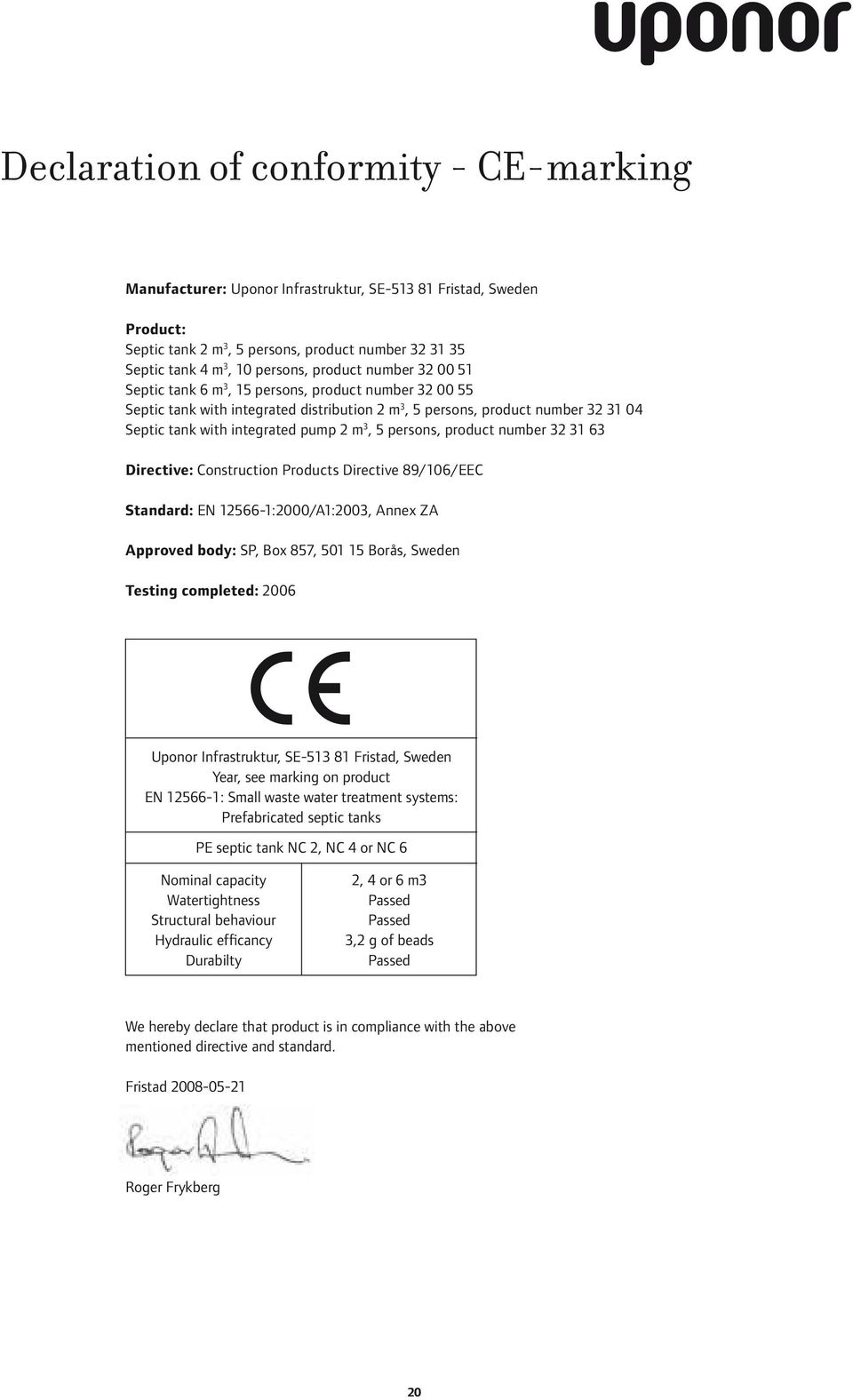 3, 5 persons, product number 32 31 63 Directive: Construction Products Directive 89/106/EEC Standard: EN 12566-1:2000/A1:2003, Annex ZA Approved body: SP, Box 857, 501 15 Borås, Sweden Testing