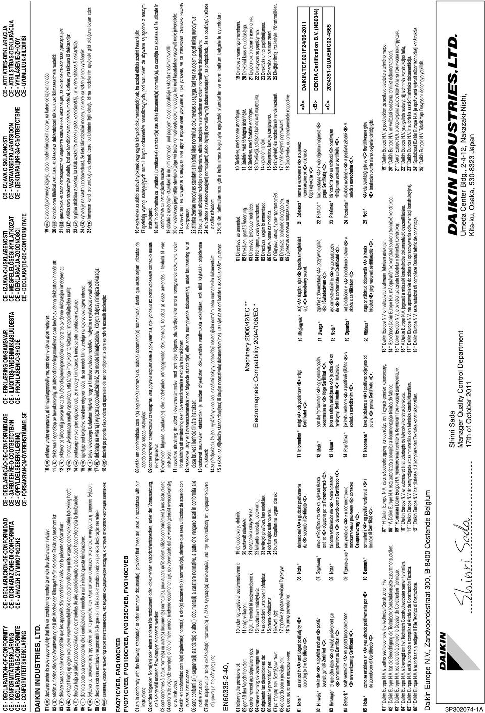 , --, Nakazaki-Nishi, Kita-ku, Osaka, 50-8 Japan DAIKIN.TCF.0F/06-0 DEKRA Certification B.