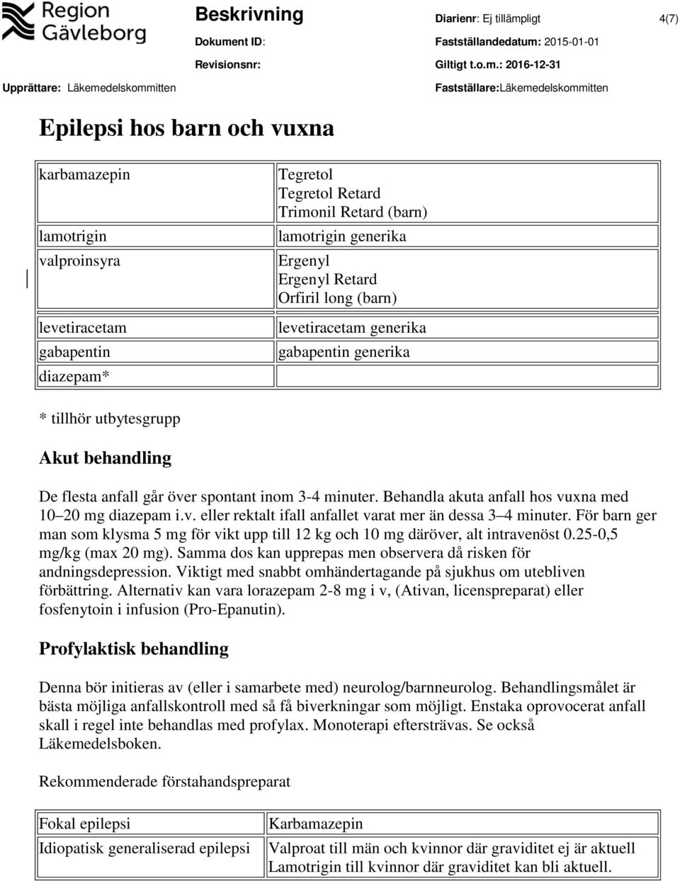 Behandla akuta anfall hos vuxna med 10 20 mg diazepam i.v. eller rektalt ifall anfallet varat mer än dessa 3 4 minuter.