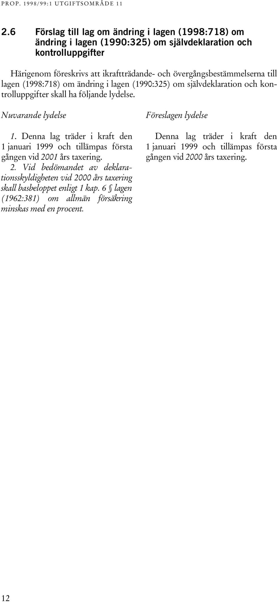 Denna lag träder i kraft den 1 januari 1999 och tillämpas första gången vid 2001 års taxering. 2. Vid bedömandet av deklarationsskyldigheten vid 2000 års taxering skall basbeloppet enligt 1 kap.