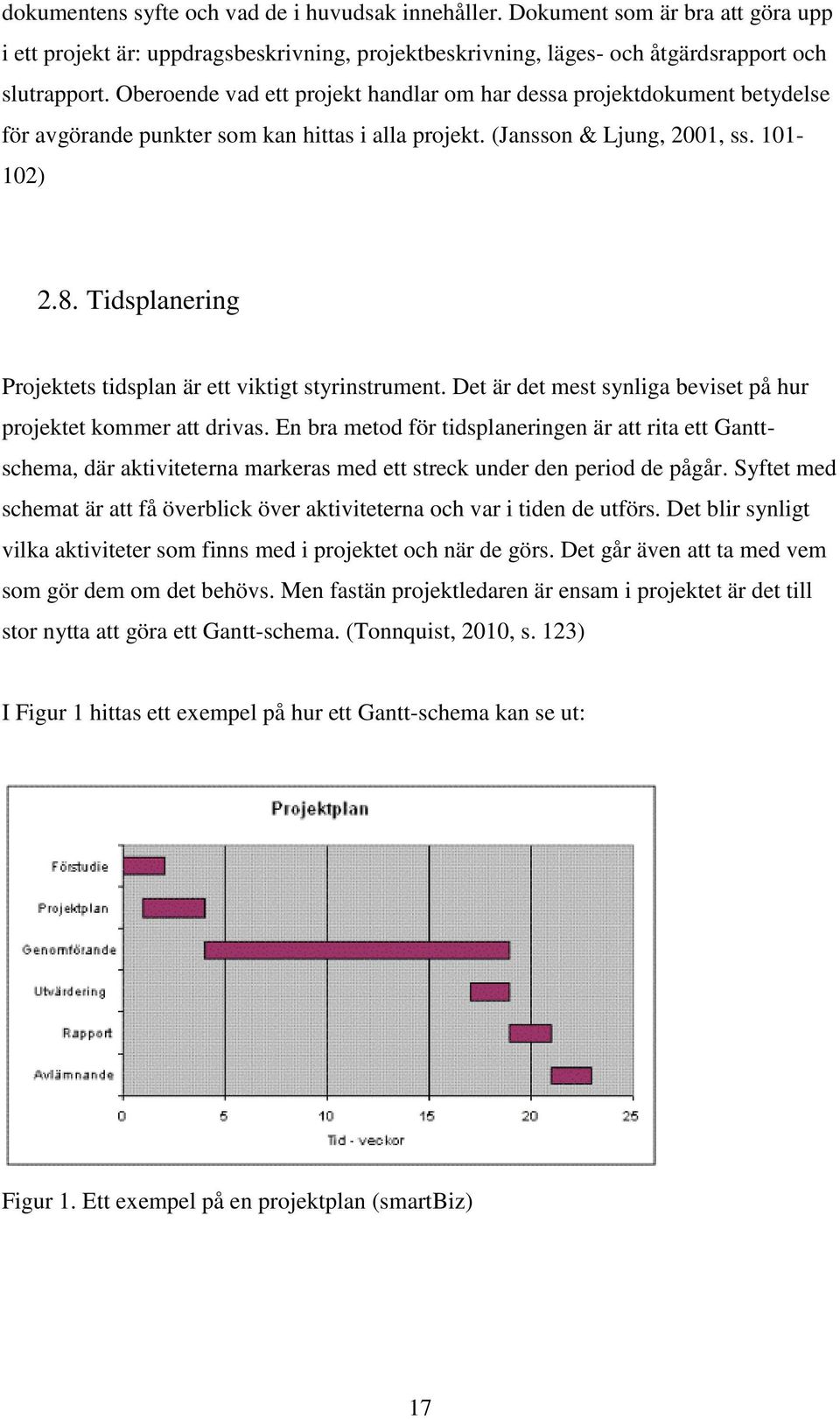 Tidsplanering Projektets tidsplan är ett viktigt styrinstrument. Det är det mest synliga beviset på hur projektet kommer att drivas.