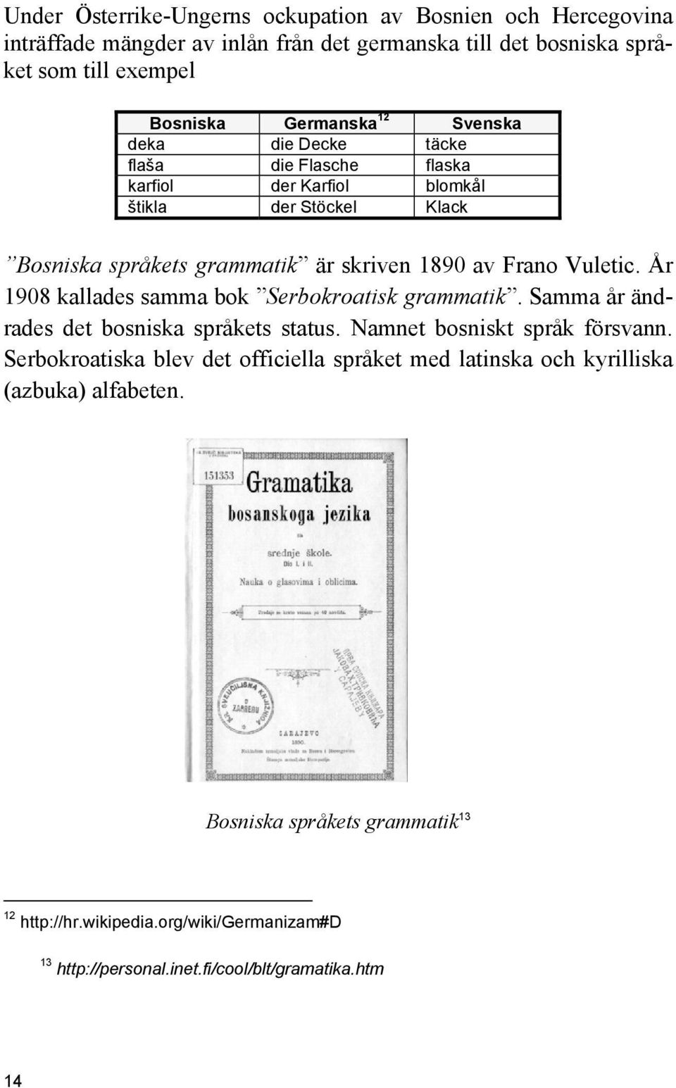 År 1908 kallades samma bok Serbokroatisk grammatik. Samma år ändrades det bosniska språkets status. Namnet bosniskt språk försvann.