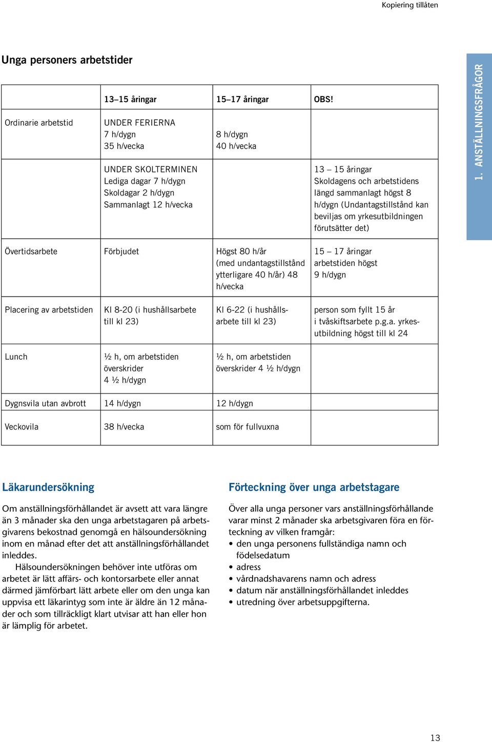 högst 8 h/dygn (Undantagstillstånd kan beviljas om yrkesutbildningen förutsätter det) 1.