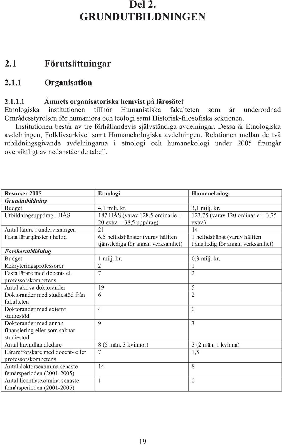 1 Organisation 2.1.1.1 Ämnets organisatoriska hemvist på lärosätet Etnologiska institutionen tillhör Humanistiska fakulteten som är underordnad Områdesstyrelsen för humaniora och teologi samt