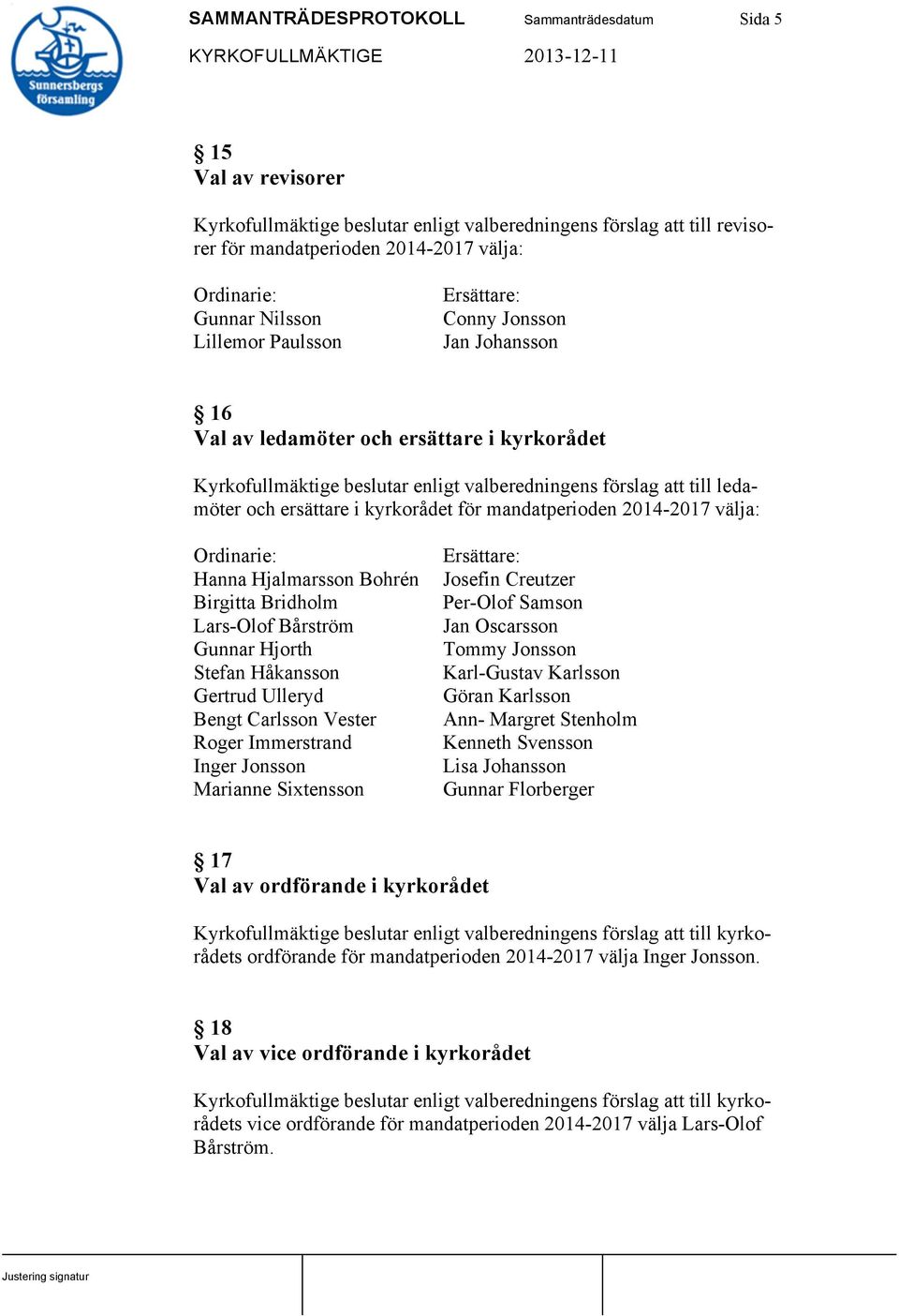 ersättare i kyrkorådet för mandatperioden 2014-2017 välja: Ordinarie: Hanna Hjalmarsson Bohrén Birgitta Bridholm Lars-Olof Bårström Gunnar Hjorth Stefan Håkansson Gertrud Ulleryd Bengt Carlsson