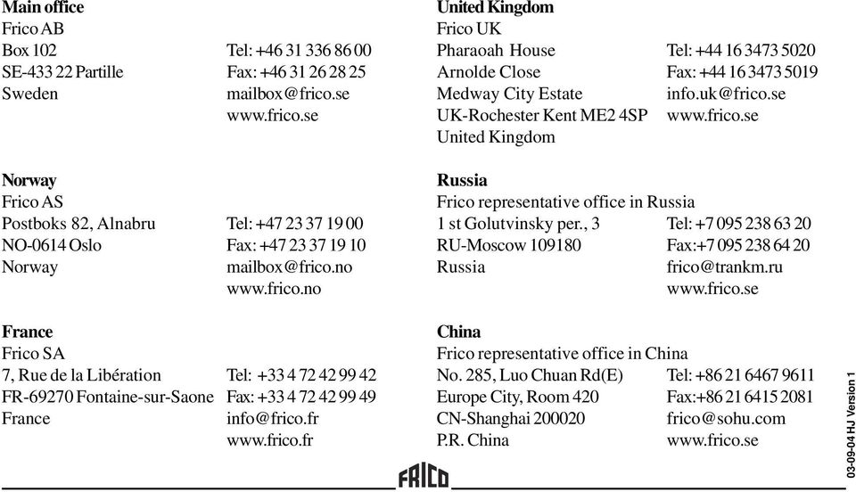 fr www.frico.fr United Kingdom Frico UK Pharaoah House Tel: +44 16 3473 5020 Arnolde Close Fax: +44 16 3473 5019 Medway City Estate info.uk@frico.se UK-Rochester Kent ME2 4SP www.frico.se United Kingdom Russia Frico representative office in Russia 1 st Golutvinsky per.