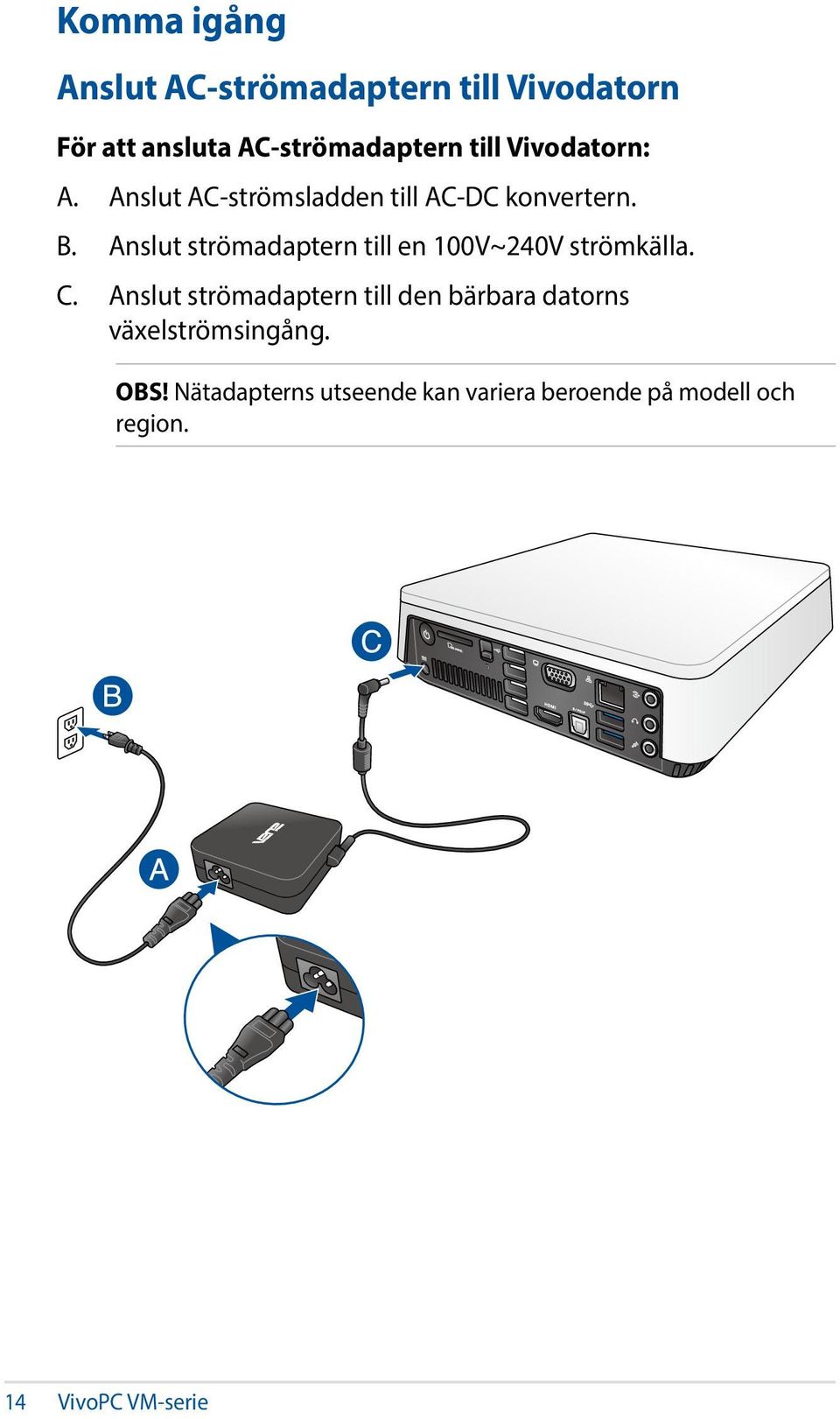 Anslut strömadaptern till en 100V~240V strömkälla. C.