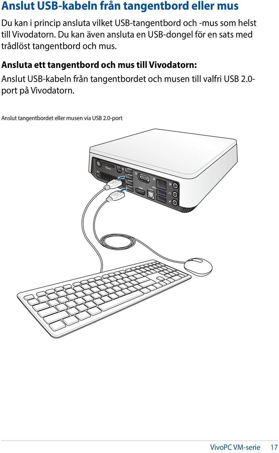 Du kan även ansluta en USB-dongel för en sats med trådlöst tangentbord och mus.