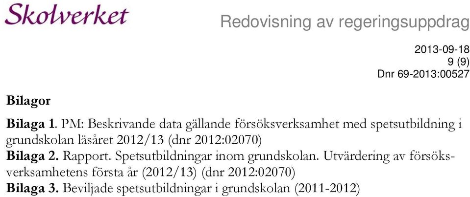 (dnr 2012:02070) Bilaga 2. Rapport. Spetsutbildningar inom grundskolan.