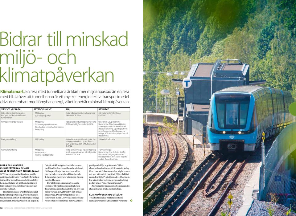 VÄSENTLIG FRÅGA STYRDOKUMENT MÅL RESULTAT Bidra till minskad klimatpåverkan genom ökat resande med tunnelbanan Klimatpåverkande utsläpp Miljöpolicy SL:s uppdragsavtal Miljöpolicy SLL:s övergripande