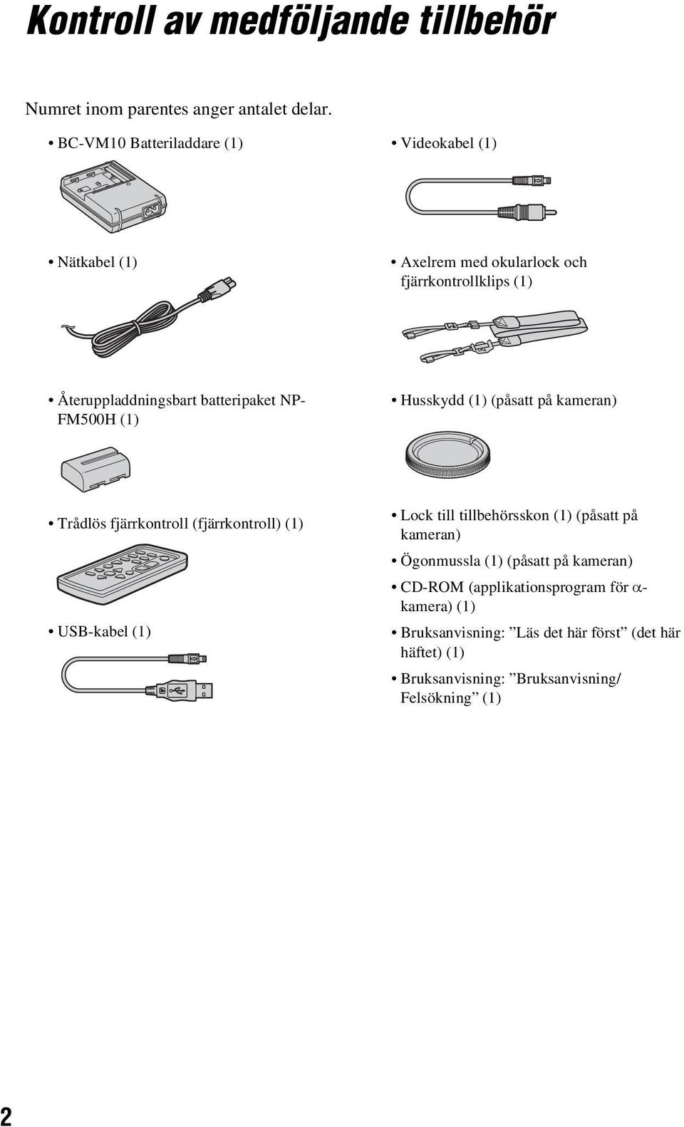 NP- FM500H (1) Husskydd (1) (påsatt på kameran) Trådlös fjärrkontroll (fjärrkontroll) (1) USB-kabel (1) Lock till tillbehörsskon (1)