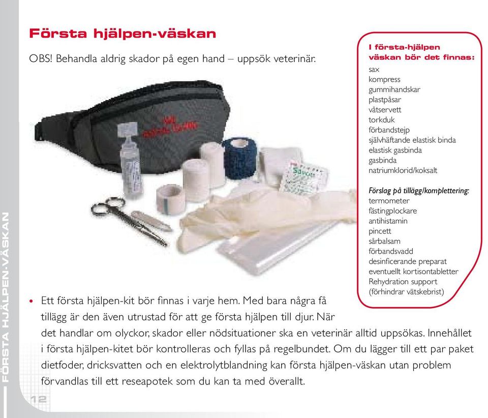 HJÄLPEN-VÄSKAN Förslag på tillägg/komplettering: termometer fästingplockare antihistamin pincett sårbalsam förbandsvadd desinficerande preparat eventuellt kortisontabletter Rehydration support