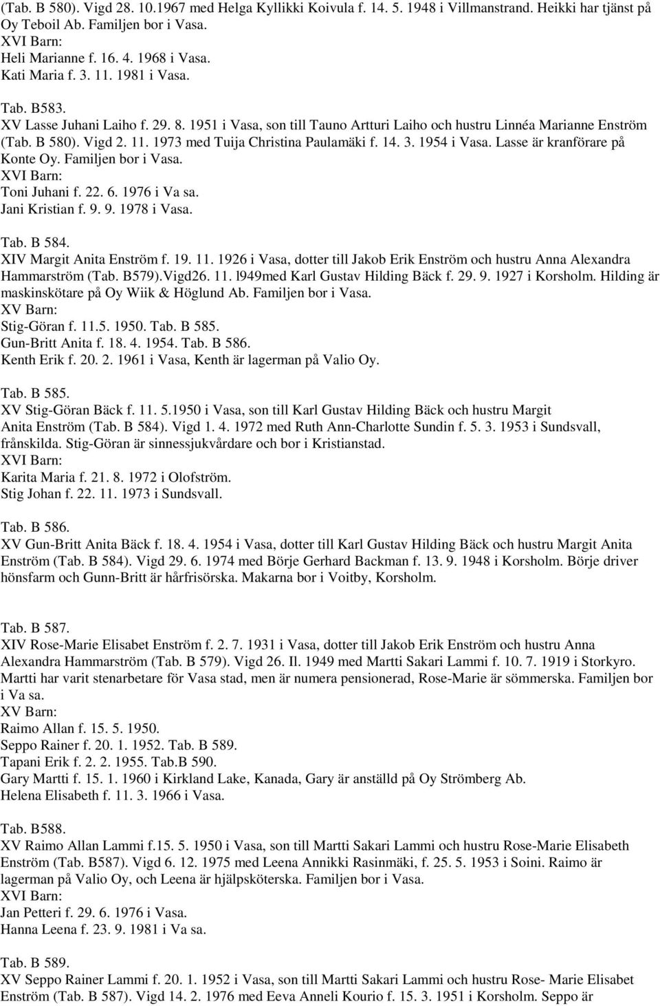 14. 3. 1954 i Vasa. Lasse är kranförare på Konte Oy. Familjen bor i Vasa. XVI Barn: Toni Juhani f. 22. 6. 1976 i Va sa. Jani Kristian f. 9. 9. 1978 i Vasa. Tab. B 584. XIV Margit Anita Enström f. 19. 11.