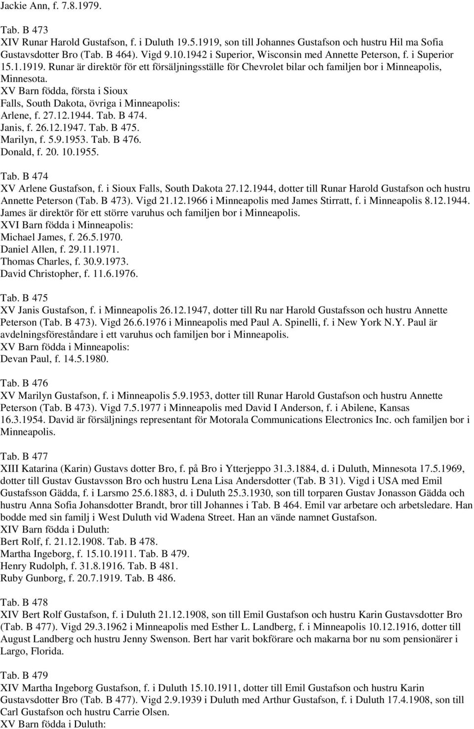 XV Barn födda, första i Sioux Falls, South Dakota, övriga i Minneapolis: Arlene, f. 27.12.1944. Tab. B 474. Janis, f. 26.12.1947. Tab. B 475. Marilyn, f. 5.9.1953. Tab. B 476. Donald, f. 20. 10.1955.