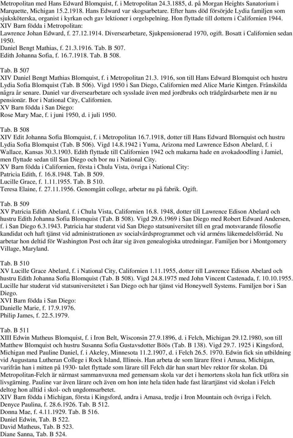 XIV Barn födda i Metropolitan: Lawrence Johan Edward, f. 27.12.1914. Diversearbetare, Sjukpensionerad 1970, ogift. Bosatt i Californien sedan 1950. Daniel Bengt Mathias, f. 21.3.1916. Tab. B 507.