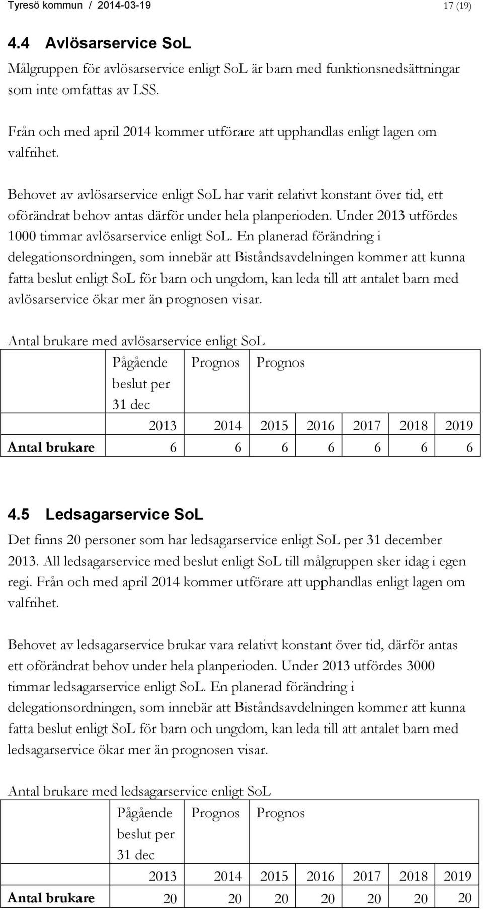 Behovet av avlösarservice enligt SoL har varit relativt konstant över tid, ett oförändrat behov antas därför under hela planperioden. Under 2013 utfördes 1000 timmar avlösarservice enligt SoL.