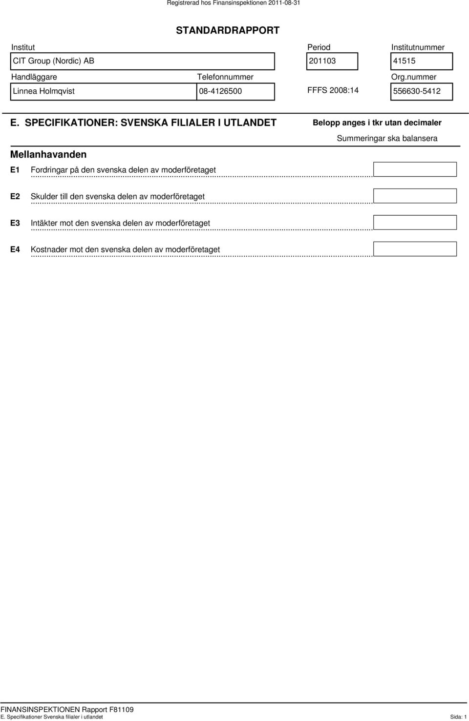 SPECIFIKATIONER: SVENSKA FILIALER I UTLANDET Belopp anges i tkr utan decimaler Summeringar ska balansera Mellanhavanden E1 Fordringar på den svenska