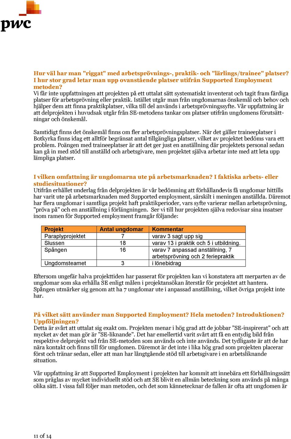 Istället utgår man från ungdomarnas önskemål och behov och hjälper dem att finna praktikplatser, vilka till del används i arbetsprövningssyfte.