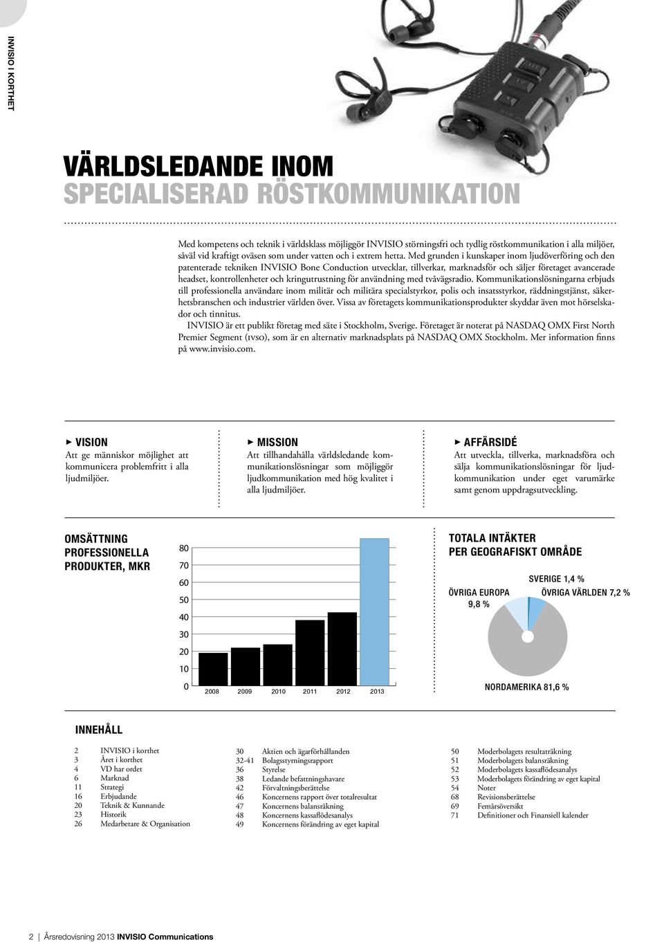 Med grunden i kunskaper inom ljudöverföring och den patenterade tekniken INVISIO Bone Conduction utvecklar, tillverkar, marknadsför och säljer företaget avancerade headset, kontrollenheter och